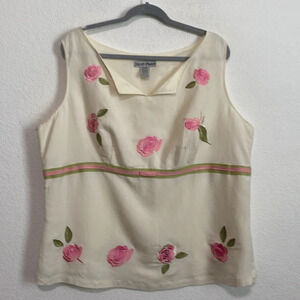 Joy & Peace Cream Pink Embroidered Floral Linen Blend Sleeveless Blouse Size 20W